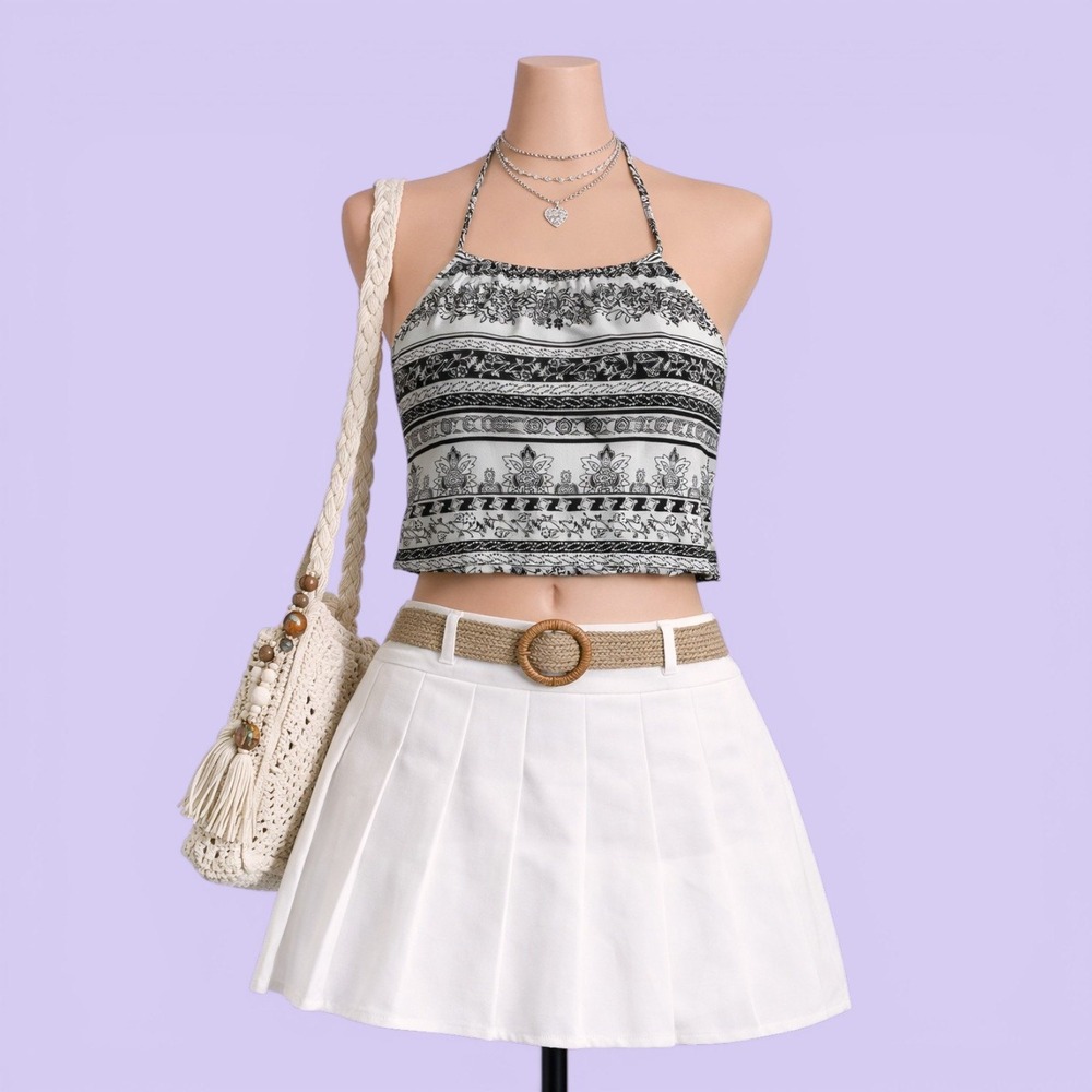 LA Hearts PacSun Black White Paisley Halter Crop Top Women's S Boho Y2K Summer